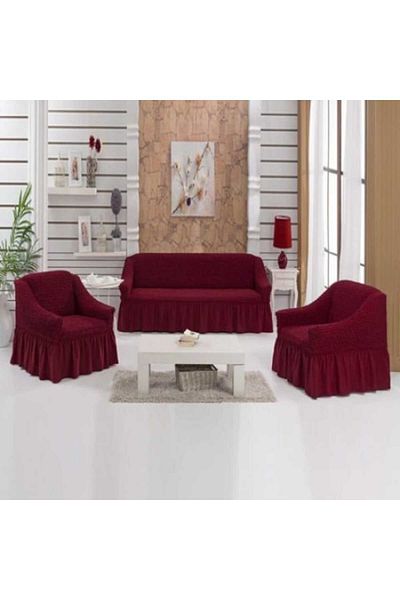 BULSAN Set 3 elastic and creped covers with frill for sofa and 2 armchairs, burgundy