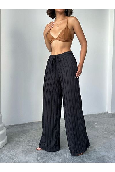 BE CHİC Women's High Waist Lace up Self Striped Detail Baggy Pants with Pockets Flawless Palazzo Pants Rd1105