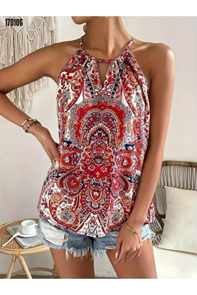 Modayakamoz Kadın Yazlık Halter Yaka Bluz Damla Detaylı Desenli Süprem Bluz