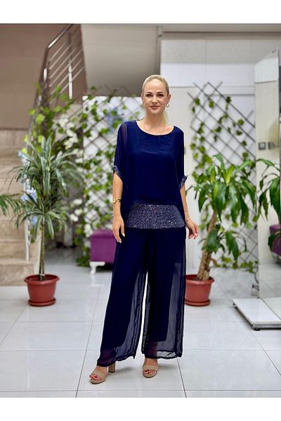 Punta Otantik Nc6641 Italian Pulpayetted Silk Suit Navy Blue