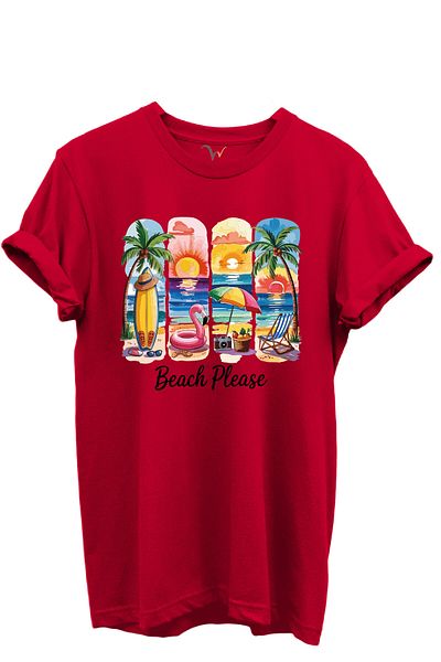 WİDİ Beach Please Written Colorful Beach and Sunset Themed 100% Cotton Regular Fit Unisex T-Shirt