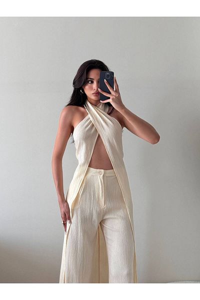LOCH BUTİK Women's Ecru Crashed Cross Tied Trousers Long Vest Double Suit