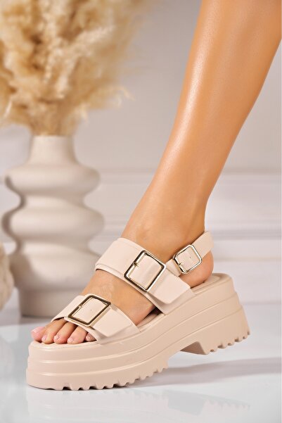 Joana Sandale dama cu platforma Bej din Piele Ecologica Maline