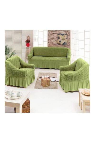 Caiva Set of 3-Seater Sofa Covers and 2 Armchairs in Stretch Cotton, Green