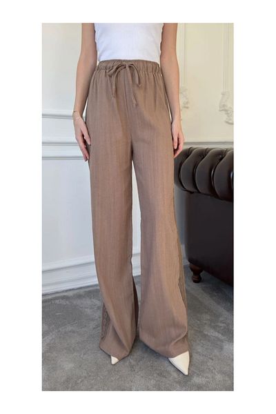 My Blog Brown 100% Cotton Side Lace Detailed Trousers - 3749