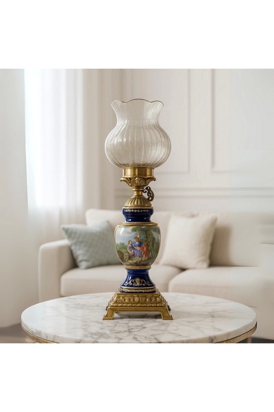 Zuccara Maison Klasik Desenli Cam Şapkalı Elektrikli Porselen 2li Mavi- Yeşil Abajur