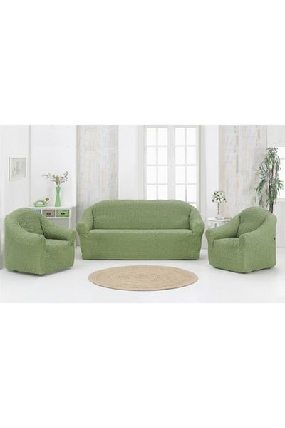 Artforhome Universal Covers for 3-Seater Sofa and 2 Armchairs, Elastic and Textured, Without Flounces, Green