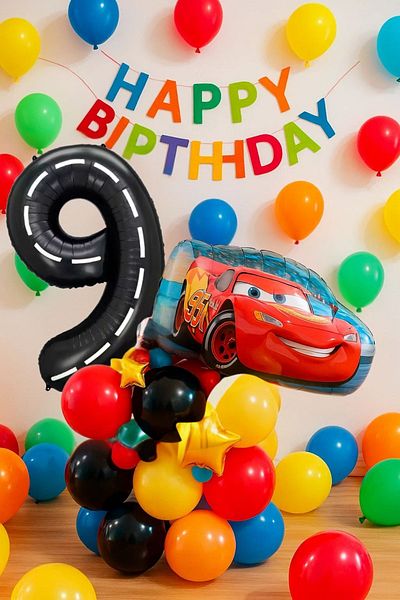PARTİAVM 9 Years Old Cars Cars Lightning Mcqueen Race Car Concept Balloon Set Race Car Birthday Set