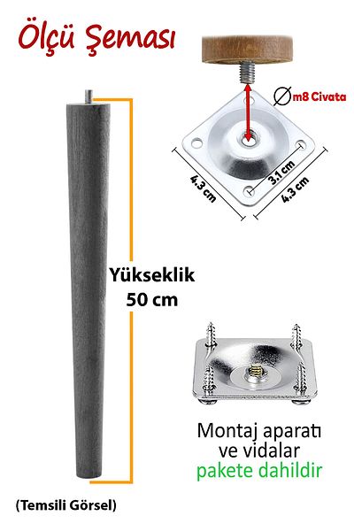 GLASWEN Wooden Leg 50 cm Black M8 Screwed Connection Apparatus Cabinet Furniture Sofa Sofa Support Leg Foot