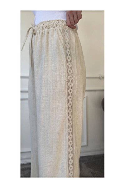 My Blog Natürliche Hose aus 100 % Baumwolle mit seitlichem Spitzendetail – 3749