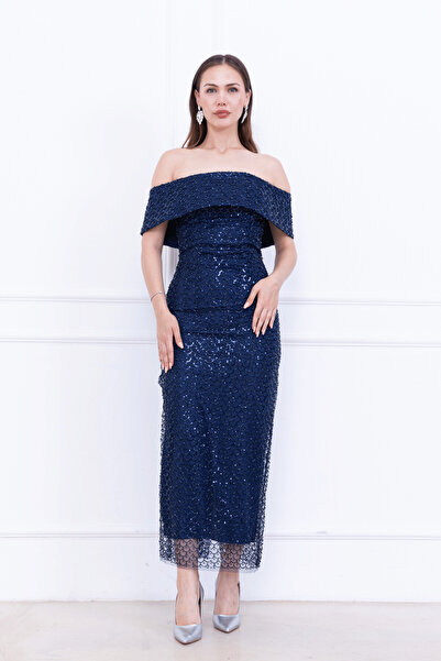 BEYBOS Boncuklu Tül Kumaş Straplez Kalem Elbise - LACİVERT