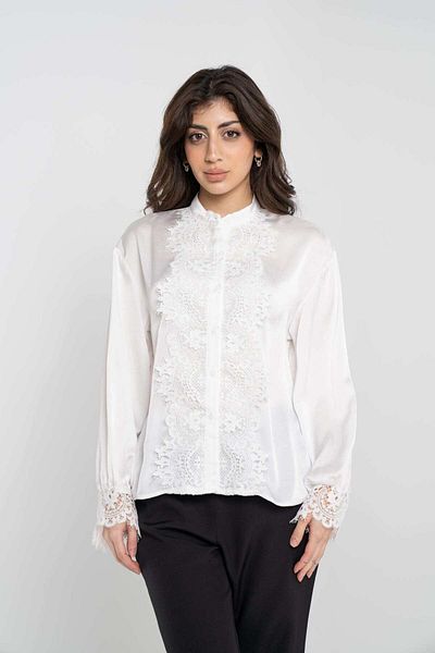 Nichii Plain Button-Up Shirt with Long Sleeves and Lace Trim