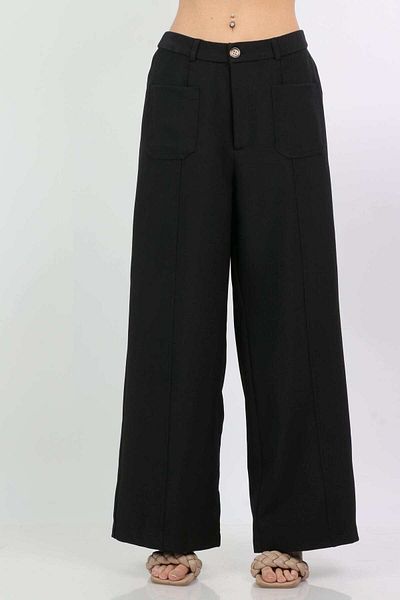 Nichii Women's Wide-Leg Long Trousers with Front Pockets and Button Detail
