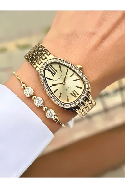 Ferrucci GOLD TAŞLI OVAL KASA METAL KADIN KOL SAATİ