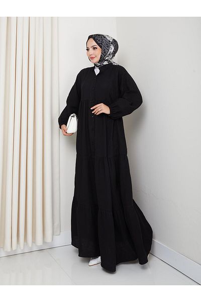 Hb Harma Time Butik Women's Buttoned Floor Detailed Black Linen Dress