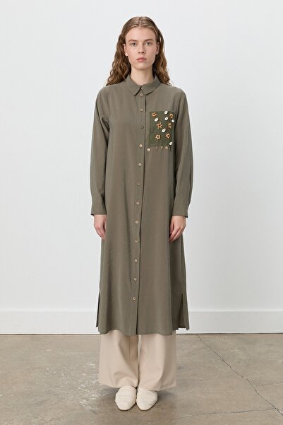 Nihan Gömlek Yaka Makromeli Modal Tunik Haki