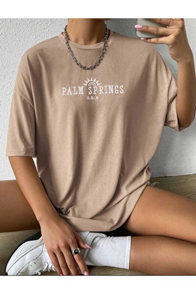 Harajuku Style Bej Imprimat Supradimensionat