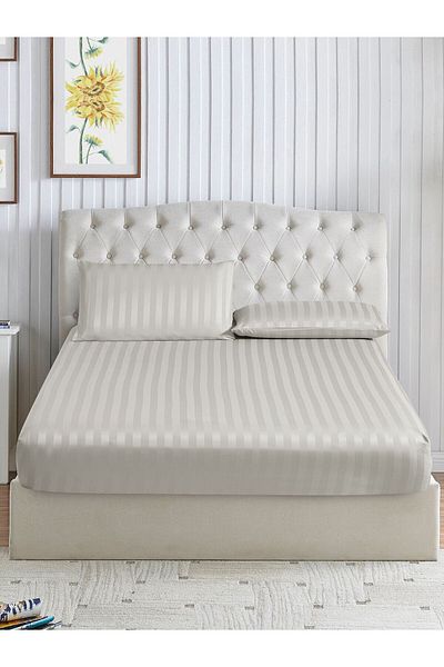 Donetella Striped Fitted Sheet Set 150x200 cm Queen – 1 Fitted Sheet + 2 Pillowcases, 30cm Deep
