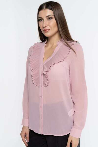 Nichii Women's Long Sleeve Solid Blouse with Front Ruffle