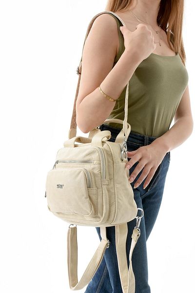 571 Collections Çanta Three-Function Faux Leather Backpack, Shoulder, and Handbag Beige (Model: 571-13-17K)