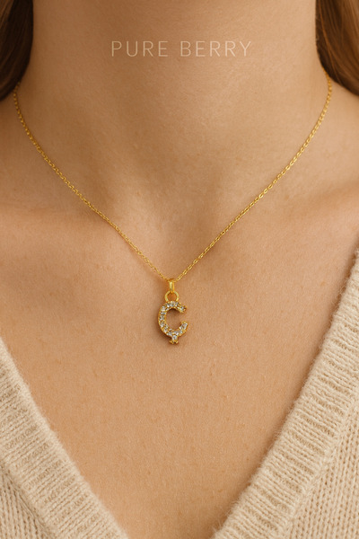 PURE BERRY ZİRKON TAŞLI Ç HARFİ GOLD KOLYE ÇELİK