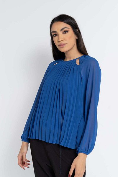 Nichii Women's Long Sleeve Solid Blouse with Pleats and Openings