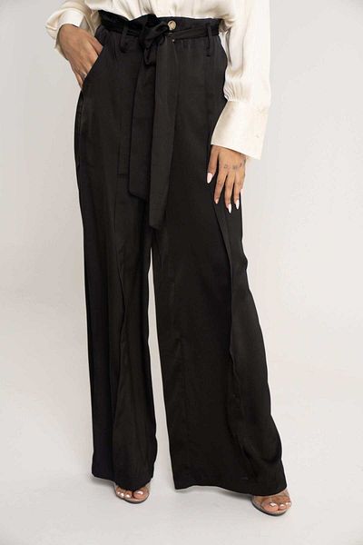 Nichii Solid High-Waisted Women's Pants with Button and Long Tie