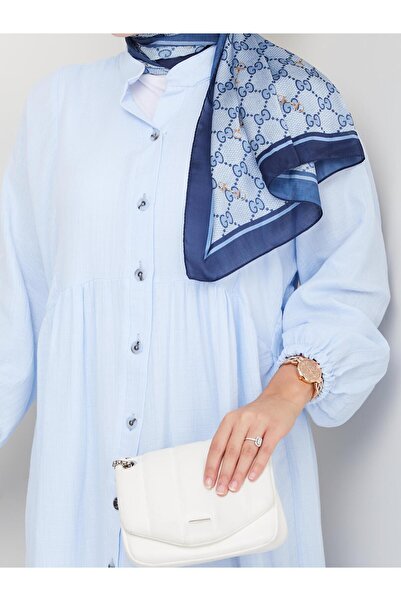 Hb Harma Time Butik Women's Buttoned Floor Detailed Blue Linen Dress