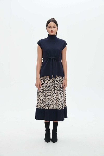 Nichii Women's Solid High Neck Blouse with Waist Belt