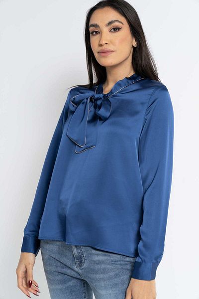 Nichii Women's Long Sleeve Solid Blouse with Shiny Neck Tie