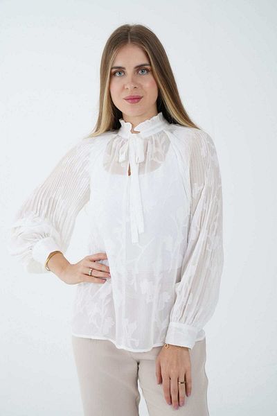 Nichii Women's Long Sleeve Sheer Floral Blouse with Neck Tie