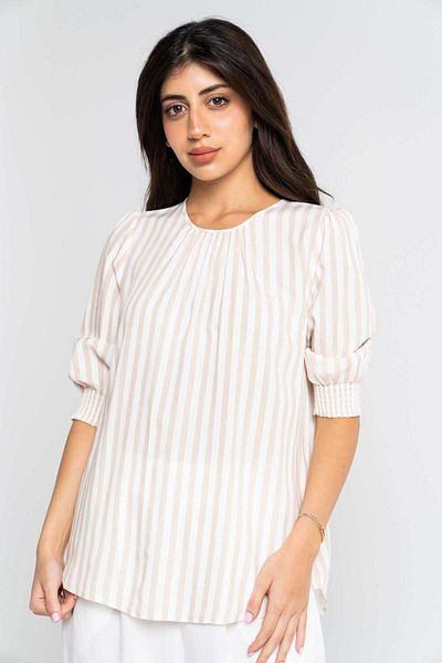Nichii Striped Blouse with Solid 3/4 Sleeves