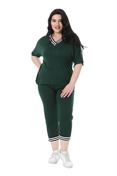 Hazinedan Women's Emerald V-Neck Stripe Detailed Short Sleeve Elastic Waist Capri Double Suit