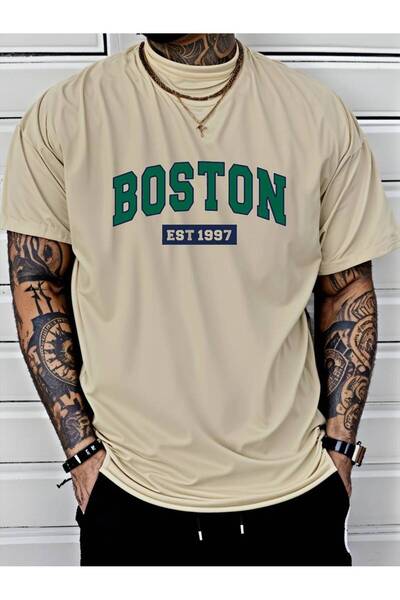 Harajuku Style Μπεζ Ανδρικό Λευκό Μαύρο Γκρι Oversize Boston Est 1997 Εμπριμέ...
