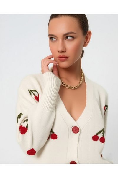 FLEX FASHION Women's Trend Popular Cherry Detail Ecru Knitwear Cardigan