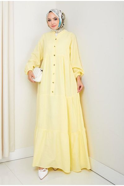 Hb Harma Time Butik Women's Buttoned Floor Detailed Yellow Linen Dress