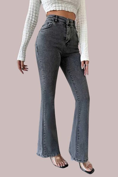byhaziran butik Aureliana Women's Smoked Lycra High Waist Spanish Leg Jeans
