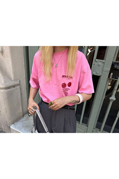 Harajuku Style Pink Summer Pink Oversize Cotton Crew Neck pentru femei