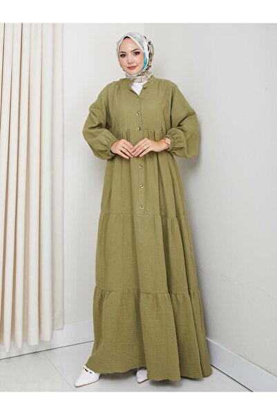 Hb Harma Time Butik Γυναικείο λινό φόρεμα με κουμπιά με λεπτομέρεια χακί