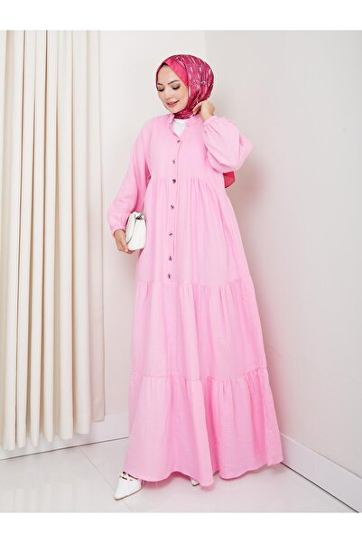 Hb Harma Time Butik Γυναικείο ροζ λινό φόρεμα με λεπτομέρεια με κουμπιά