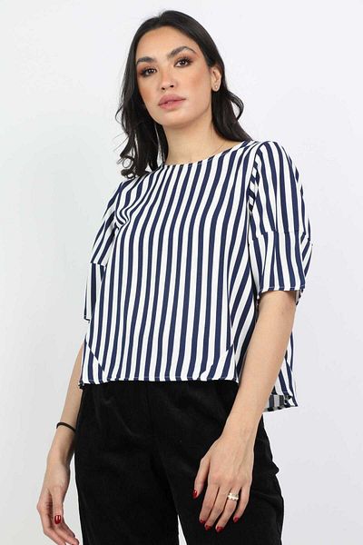 Nichii Women's Striped Longline Short Sleeve Open Blouse