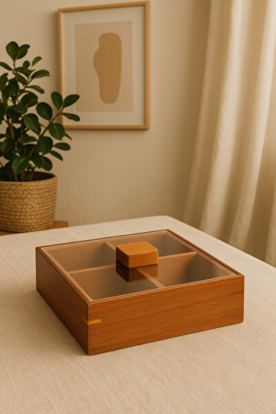 Fhilli Acacia Wood 4 Compartment Snack Bowl – Plexiglass Lid, Presentation and Storage Box with Handles 23cm