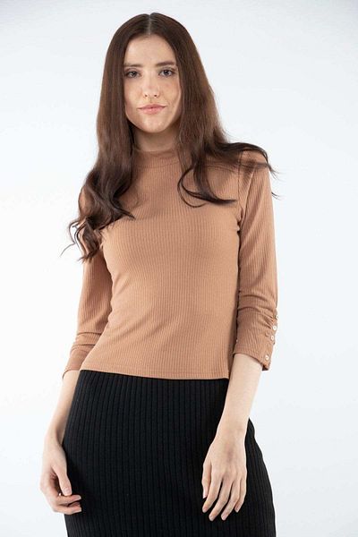Nichii Women's High Neck Long Sleeve Solid Ribbed Blouse with Buttons