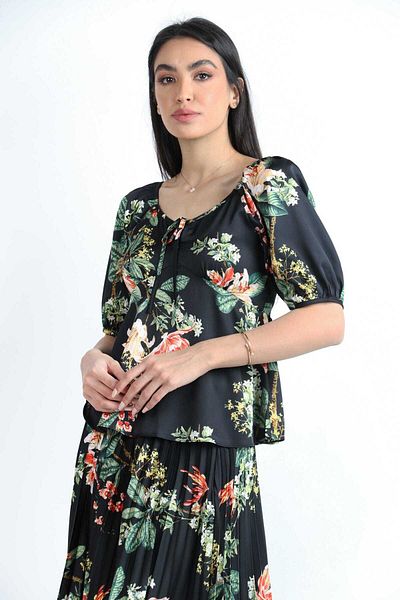 Nichii Floral Satin Blouse with Round Neck and Soft Bow, Short Puff Sleeves -