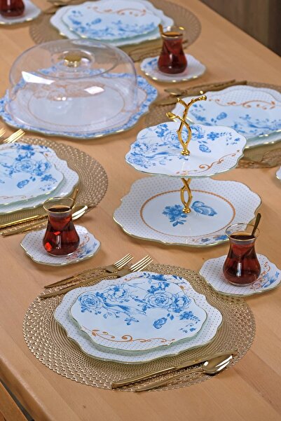 Glore Blue Gold 6 Piece Gold Gilded Cake Set for 6 People - Cake Plate