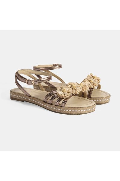 Desa Women's Platinum Adjustable Buckle Metallic Leather Sandals with Flower Detail