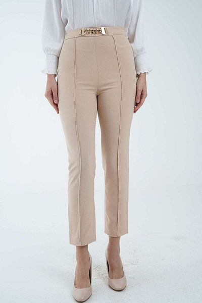 Nichii High-Waisted Women's Long Pants with Decorative Ring Belt
