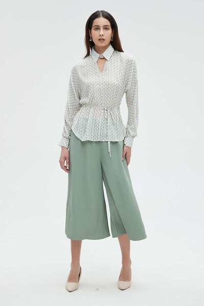 Nichii بلوزة نسائية بأكمام طويلة وياقة وحزام خصر منفصلين