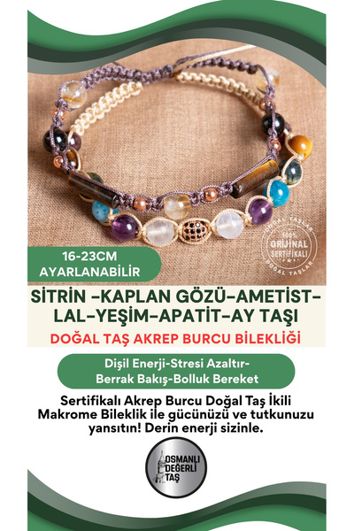 OSMANLI DEĞERLİ TAŞ SERTİFİKALI Akrep Burcu Doğal Taş İkili Makrome Bileklik