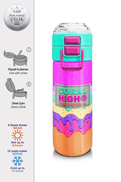 Coral High Kids Pembe Rengarenk Dondurma Desenli Pipetli ve Direkt İçim Çelik...